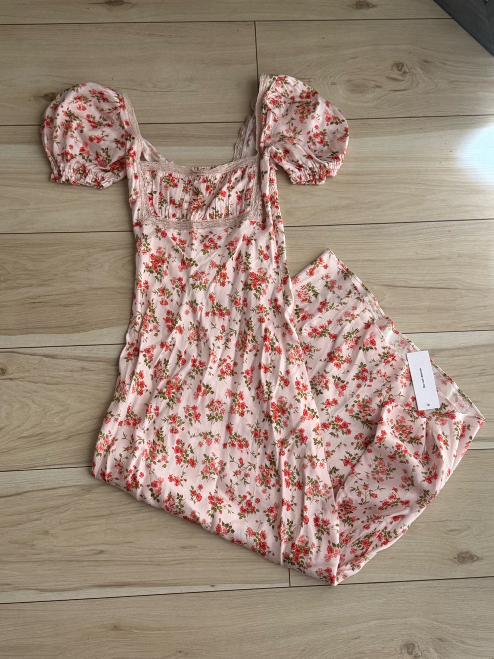 NWT Babydoll Pink Floral Midi Dress with Red Rose Print